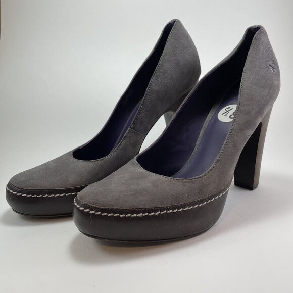 True Religion High Heel Platforms Women’s 8.5 Gray Suede Brown Leather 4.5" Heel - Picture 10 of 16